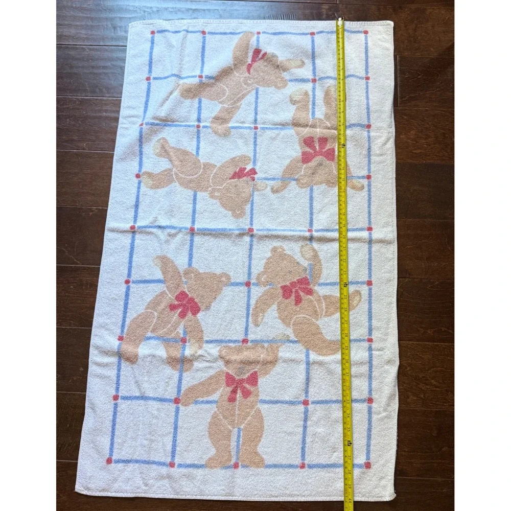 Vtg Teddy Bear Bath Towel Set 3 Pc Windowpane Grid Red Bows Cottagecore Retro
